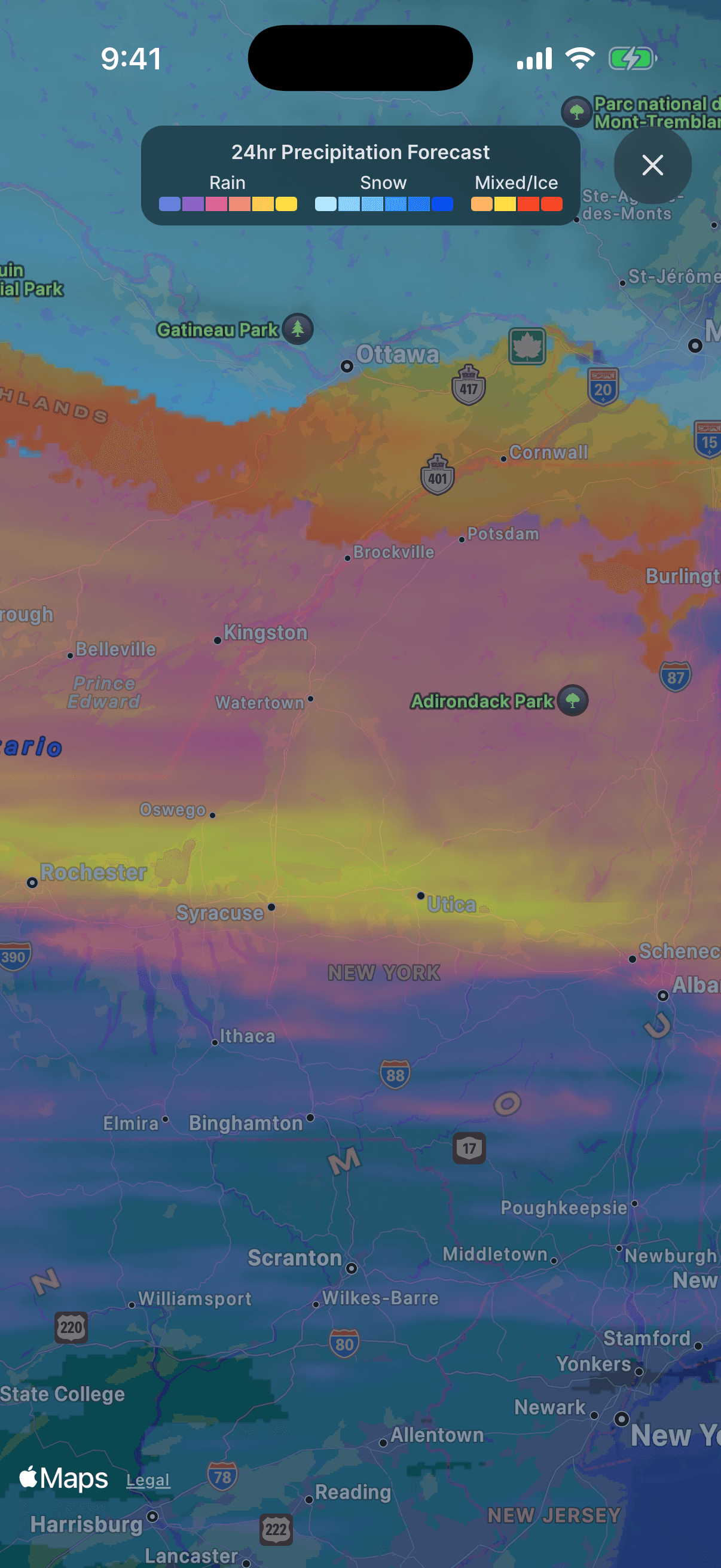 24hr precipitation forecast in LucidSky showing rain, snow, and mixed/ice coverage across the northeast