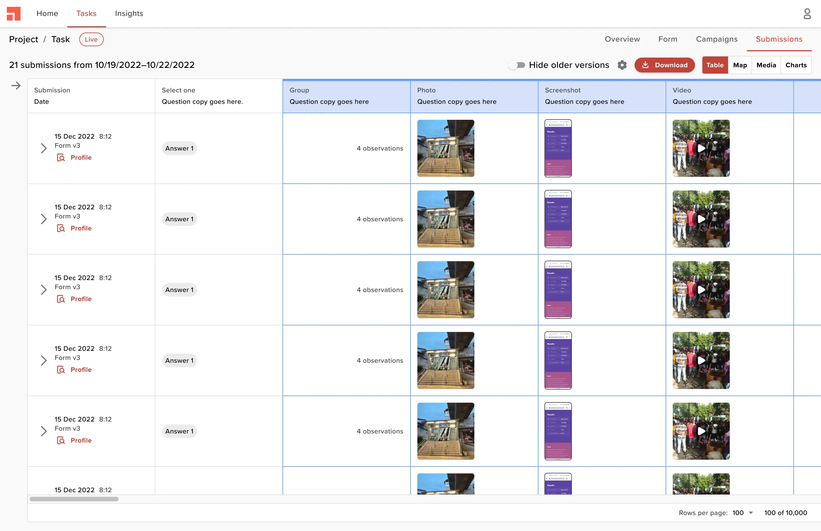 Response table interface